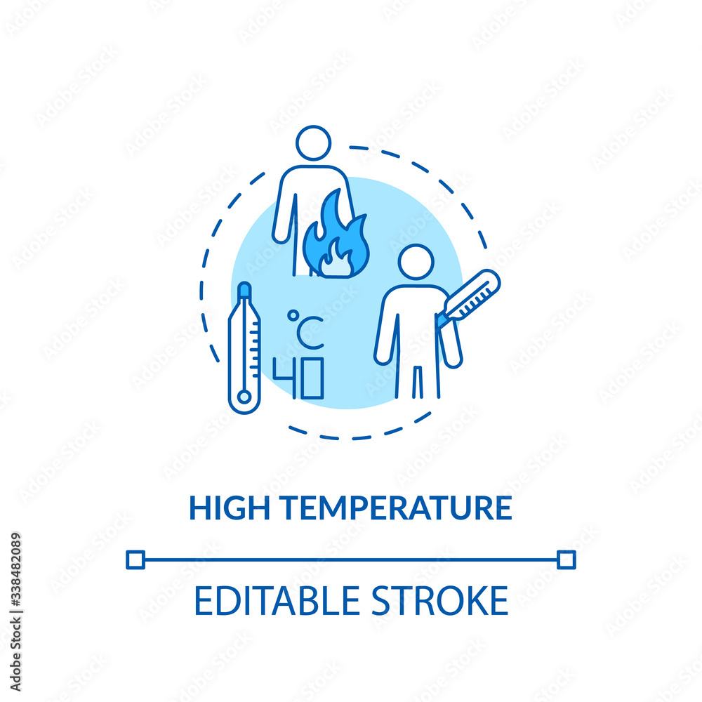 High body temperature turquoise concept icon. Sick person with fever. Influenza infection. Rotavirus symptom idea thin line illustration. Vector isolated outline RGB color drawing. Editable stroke High body temperature turquoise concept icon. Sick person with fever. Influenza infection. Rotavirus symptom idea thin line illustration. Vector isolated outline RGB color drawing. Editable stroke
