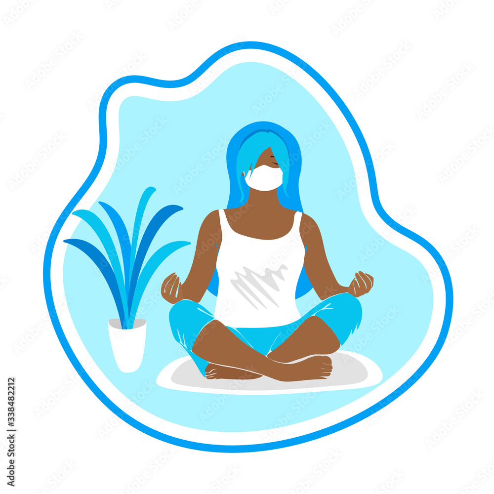 A masked woman practices yoga at home. Concept illustration for yoga, meditation, relax, recreation, healthy lifestyle for web page design. Vector cartoon illustration. Woman quarantined at home to