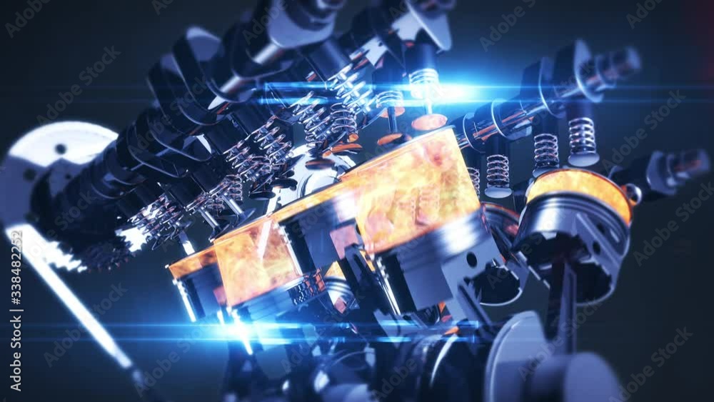 Starting Engine Graphics 3D CG animation of a working V8 engine with start stop button. Pressing ...