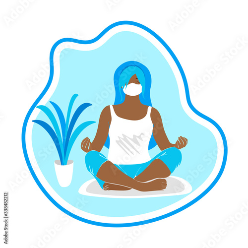 A masked woman practices yoga at home. Concept illustration for yoga, meditation, relax, recreation, healthy lifestyle for web page design. Vector cartoon illustration. Woman quarantined at home to