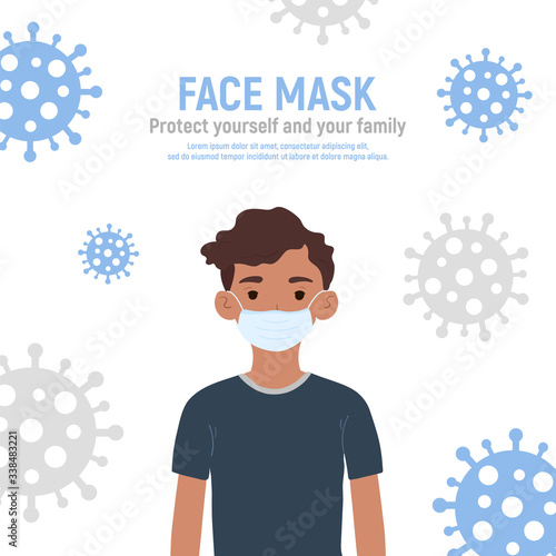 Boy with medical mask on face to protect him against coronavirus covid-19, 2019-nCov isolated on white background. Kids virus protection. Stay safe. Vector illustration