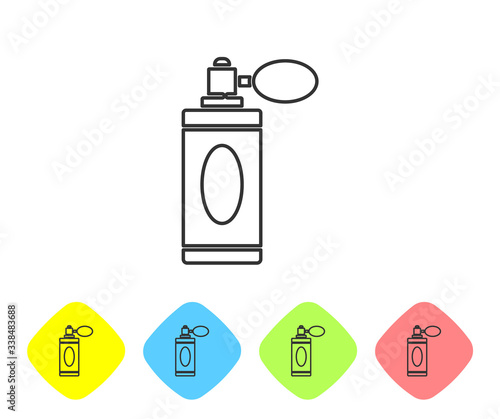 Grey line Aftershave bottle with atomizer icon isolated on white background. Cologne spray icon. Male perfume bottle. Set icons in color rhombus buttons. Vector Illustration