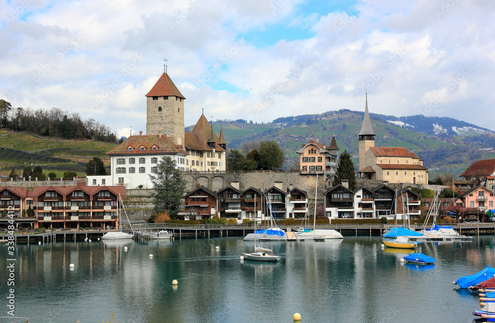 Spiez harbour, Spiez Castle and Lake Thun. The town is located on the southern shore of Lake Thun. Switzerland, Europe.