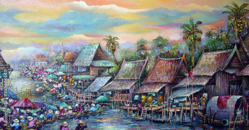 Obraz premium hand painted original impressionism masterpieces art painter painting oil color boating floating market thailand rural countryside dumnoen saduak academy gallery of art on canvas fragment of artwork