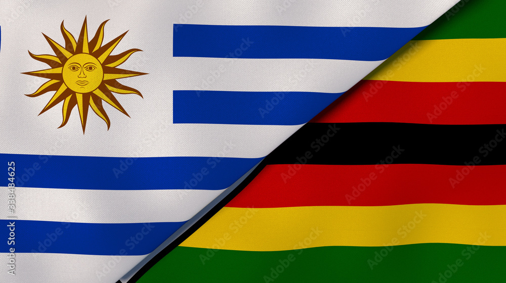 Fototapeta premium The flags of Uruguay and Zimbabwe. News, reportage, business background. 3d illustration