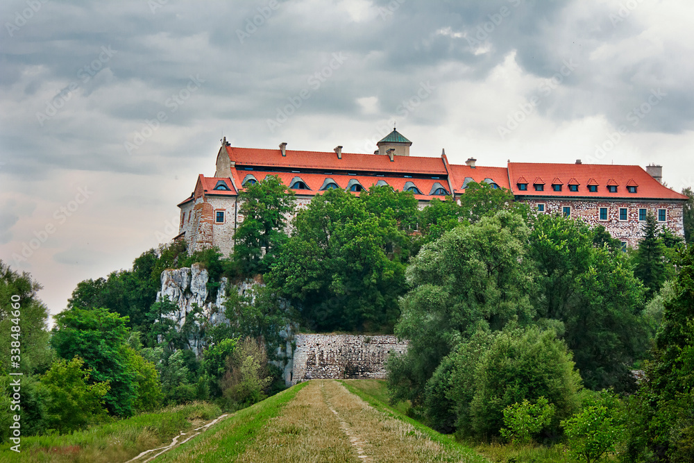 Ancient Benedictine Abbey in Krakow. Sights of Poland, Europe. Tynetsk Abbey of the 11th century. Ancient building among the trees.
