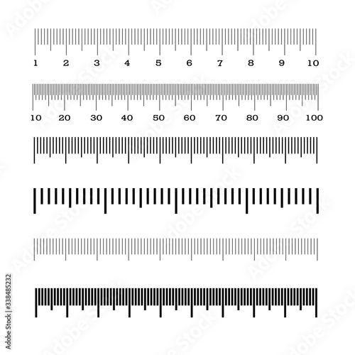 Rulers Inch and metric rulers. Measuring tool. Centimeters and inches measuring scale cm metrics indicator. Measurement scale, markup for a ruler. Vector set isolated