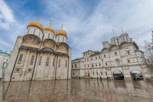 Assumption Cathedral and the Patriarch's Palace with Church of Twelve Apostles in Cathedral square of the Moscow Kremlin, Moscow, Russia