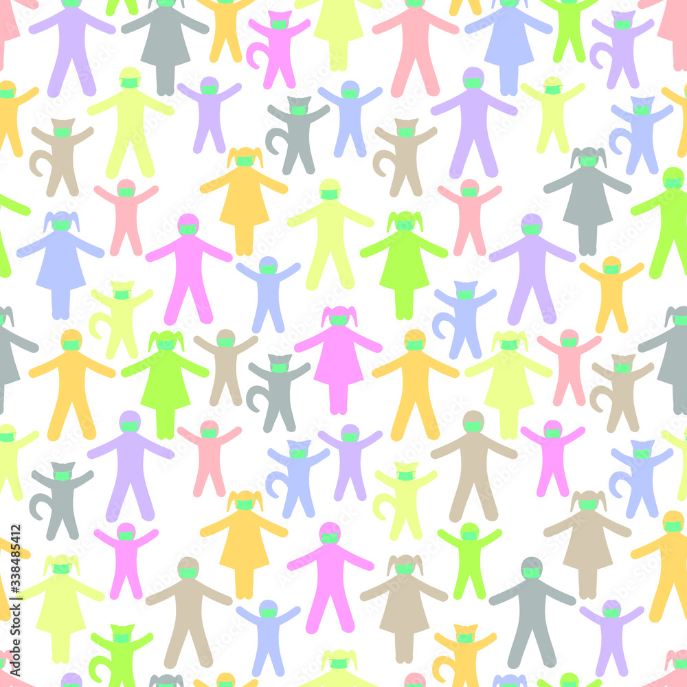 Colorful people's silhouettes in medical masks: healthcare seamless pattern, vector graphics.