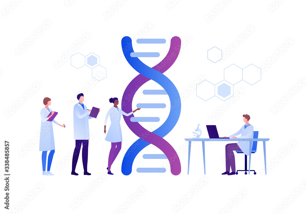 Science genetic laboratory concept. Vector flat person illustration. Multiethnic male and female scientist team with dna helix sign. Lab equipment. Laptop on desk. Design for medicine banner Science genetic laboratory concept. Vector flat person illustration. Multiethnic male and female scientist team with dna helix sign. Lab equipment. Laptop on desk. Design for medicine banner