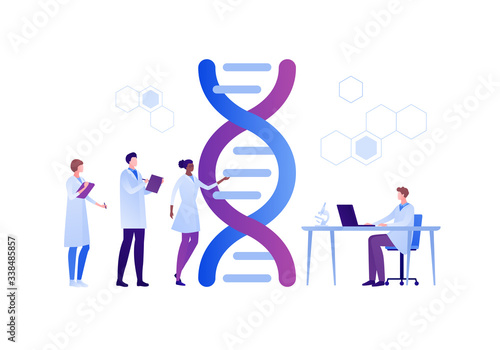 Science genetic laboratory concept. Vector flat person illustration. Multiethnic male and female scientist team with dna helix sign. Lab equipment. Laptop on desk. Design for medicine banner