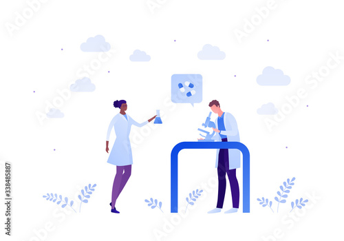 Science chemistry and biotechnology laboratory concept. Vector flat person illustration. Man scientist with microscope and black african american woman with tube. Design for medicine banner, poster
