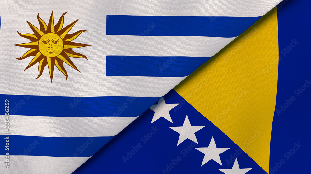 The flags of Uruguay and Bosnia and Herzegovina. News, reportage, business background. 3d illustration - obrazy, fototapety, plakaty 