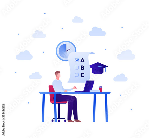 Online education concept. Vector flat person illustration. Man sitting at desk study laptop computer. Clock, exam and graduate magister hat sign. Design for college banner, poster, infographics