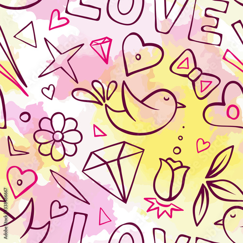Seamless pattern with shapes of bird, stars, flowers, diamonds, bows, hearts. Love summer wallpaper. Watercolor pink and yellow background