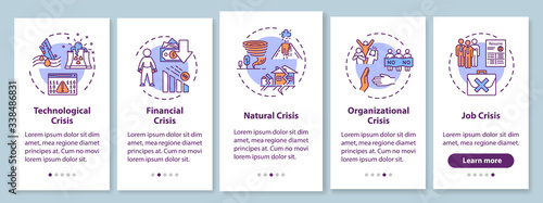 Crysis types onboarding mobile app page screen with concepts. Global disasters, emergency situations walkthrough five steps graphic instructions. UI vector template with RGB color illustrations