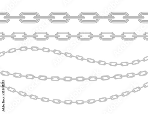 Metallic Chain. Block chain. Collection of seamless metal chains colored silver. Vector stock illustration.