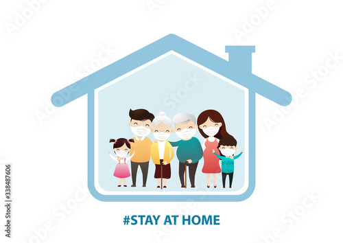 Family staying at home in self quarantine, protection from virus.