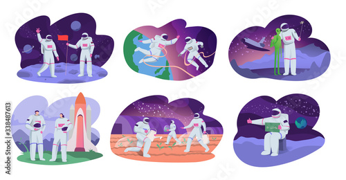 Astronaut in spacesuit, people cartoon characters exploring space, funny set vector illustration. Cosmonaut team colonizing and terraforming alien planets. Interstellar mission spaceship adventures