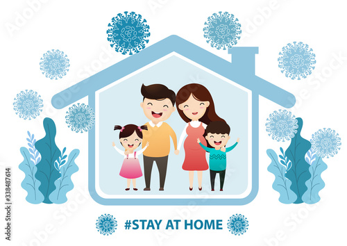 Family staying at home in self quarantine, protection from virus.