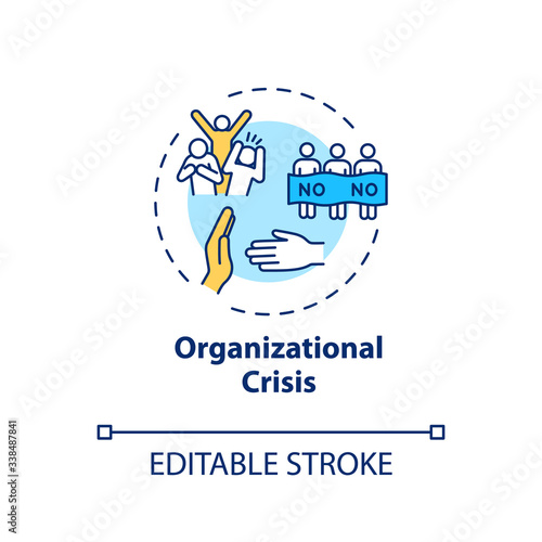 Organizational crisis concept icon. Social protest, civil unrest idea thin line illustration. Political strike, violent public demonstration. Vector isolated outline RGB color drawing. Editable stroke