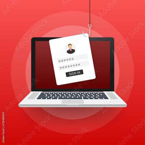 Data Phishing with fishing hook, mobile phone, internet security. Vector stock illustration.