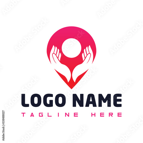Colorful hand with location pin icon or logo design template