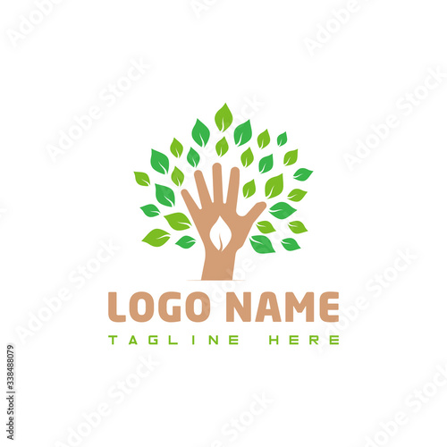 Hand tree illustration. Hand and leaf as a tree vector logo icon design.