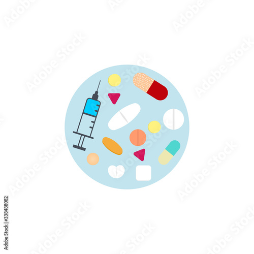 Tablet , capsuls & syringe. Medicine, pharmacy, hospital set of drugs. Medication, pharmaceutics concept. Vector illustration 