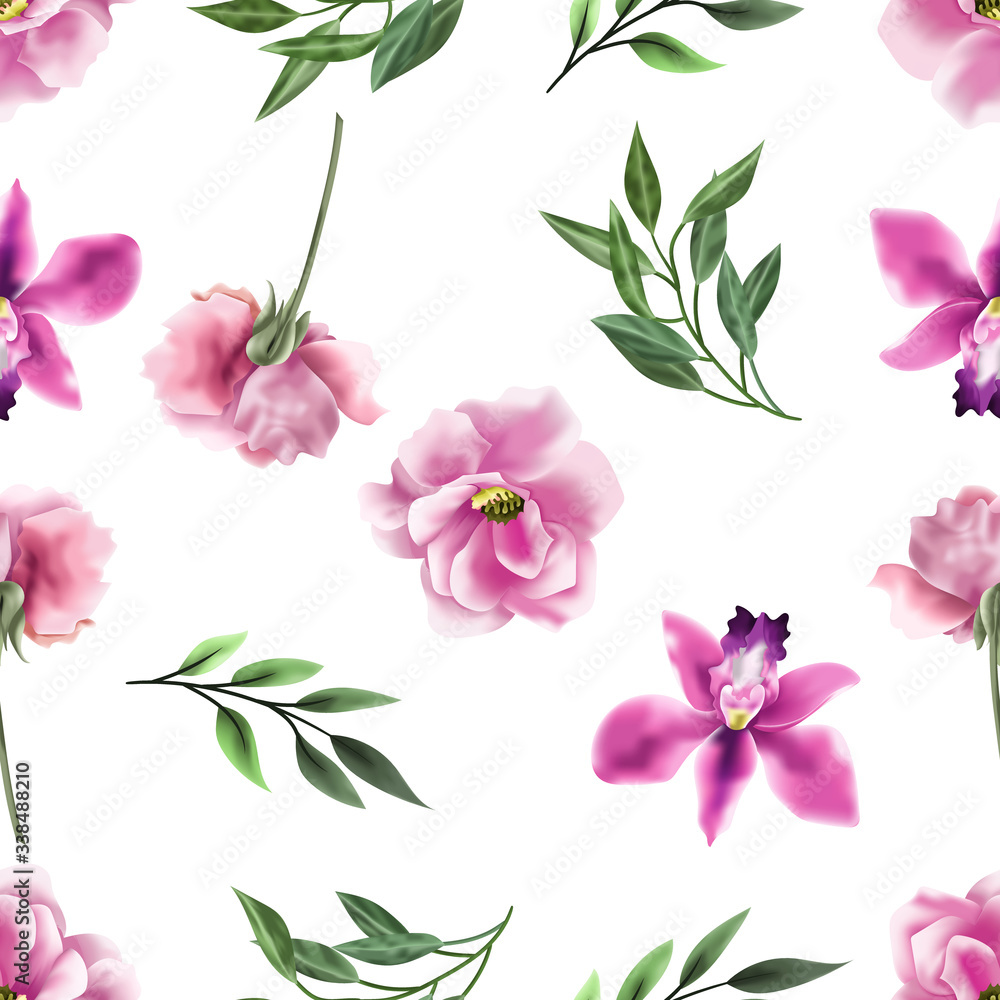 Fototapeta premium beautiful and elegant flower and leaves vector seamless pattern