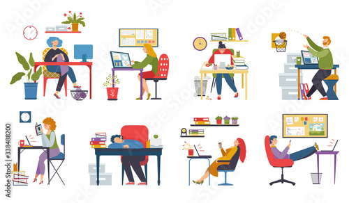 Procrastination at work, lazy people in office, set of funny cartoon character, vector illustration. Tired man sleeping at workplace, woman procrastinate. Irresponsible office employee procrastinating