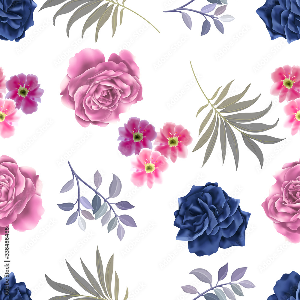 beautiful and elegant flower and leaves vector seamless pattern 