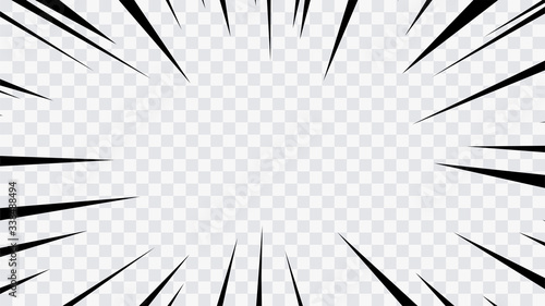 Abstract comic book flash explosion radial lines on transparent background. Vector illustration superhero design. Bright black light strip burst. Flash ray blast glow. Speed lines Manga frame. Anime.