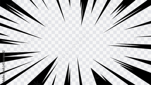 Abstract comic book flash explosion radial lines on transparent background. Vector illustration superhero design. Bright black light strip burst. Flash ray blast glow. Speed lines Manga frame. Anime.