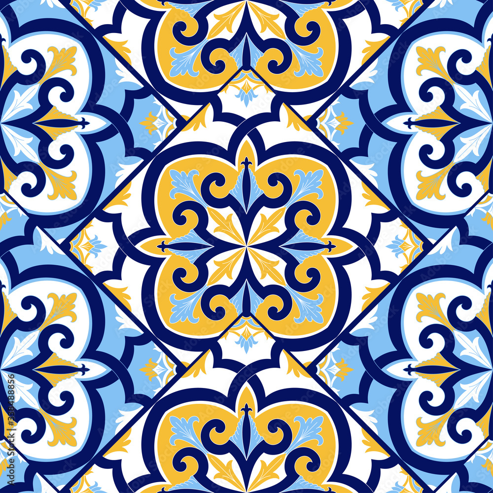 Spanish tile pattern vector seamless with parquet ornament. Barcelona ceramic, Portugal azulejos, Mexican talavera, Italian Sicily majolica. Vintage background for kitchen wall or bathroom floor.