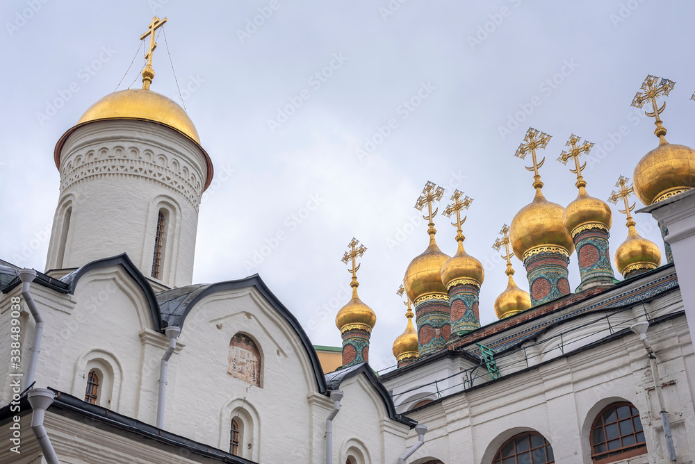 The golden domes of The Patriarch's Palace in Cathedral square of the Moscow Kremlin, Moscow, Russia
