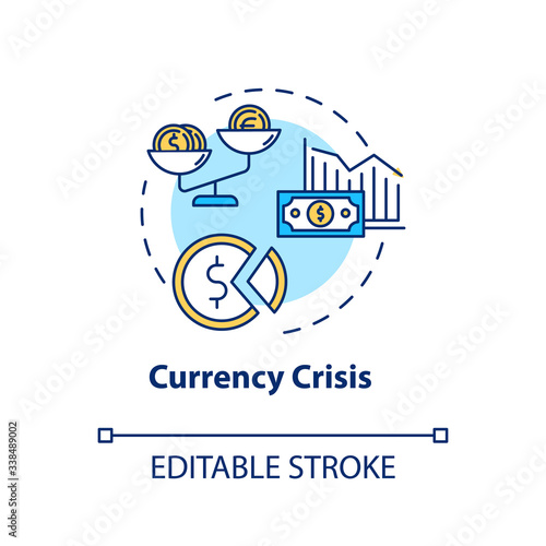 Currency, crisis concept icon. National economic issue, financial emergency idea thin line illustration. Money exchange rate devaluation. Vector isolated outline RGB color drawing. Editable stroke