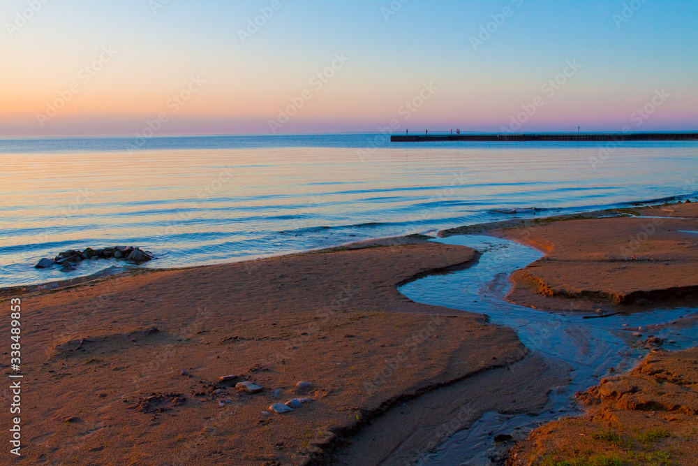 Sand Beach and Fishing Pier on Green Bay at Sunset, Frank E. Murphy County Park, Egg Harbor, Wisconsin, USA