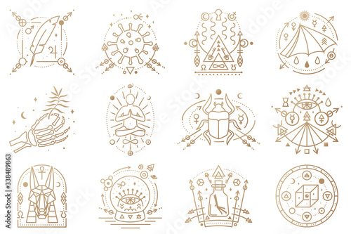 Esoteric symbols. Vector illustration. Outline icon for alchemy, sacred geometry. Mystic, magic design with man in yoga lotus pose, bat wing, chemistry flask, skull, gate, scarab beetle