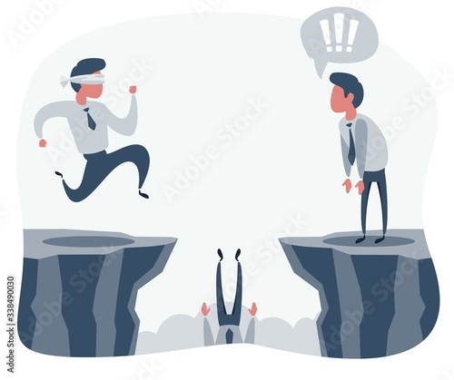 blindfolded businessman walk to the cliff. Business concept. Vector flat design illustration.