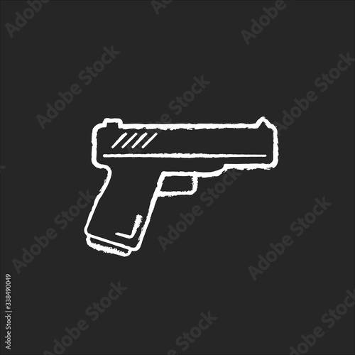 Action flick chalk white icon on black background. Popular movie genre, common cinema category. Violent military film, spy fiction. Handgun, weapon isolated vector chalkboard illustration