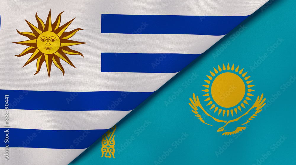 Fototapeta premium The flags of Uruguay and Kazakhstan. News, reportage, business background. 3d illustration
