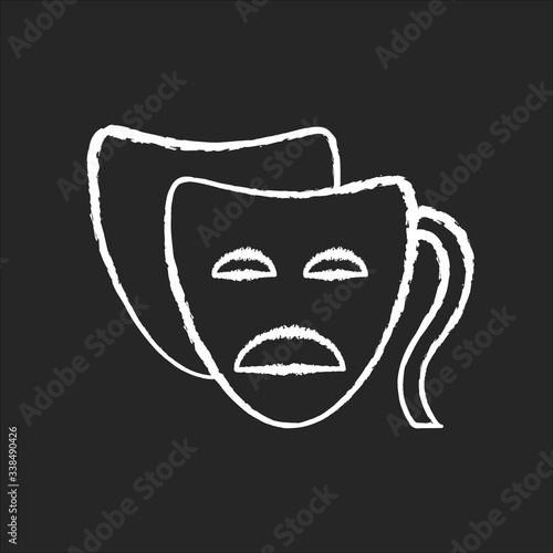 Drama chalk white icon on black background. Serious film and TV production. Common movie genre, classic theater. Popular cinematography category. Tragedy mask isolated vector chalkboard illustration