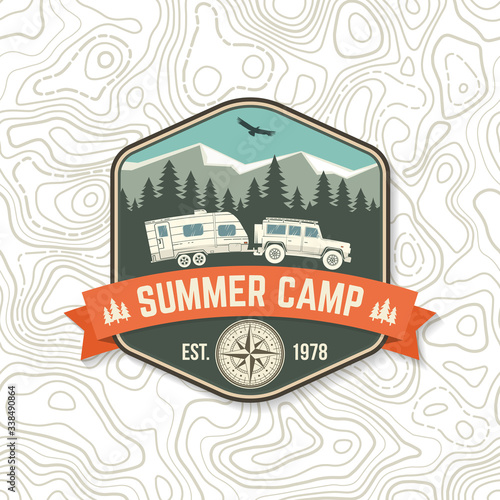 Summer camp. Vector. Concept for shirt or logo, print, stamp or tee. Vintage typography design with camper trailer, forest and mountain silhouette.