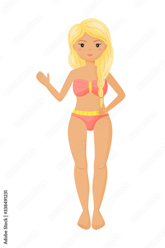 Young girl in pink swimsuit isolated on white background. Vector illustration. Great for summer, travel design. Young girl in pink swimsuit isolated on white background. Vector illustration. Great for summer, travel design.