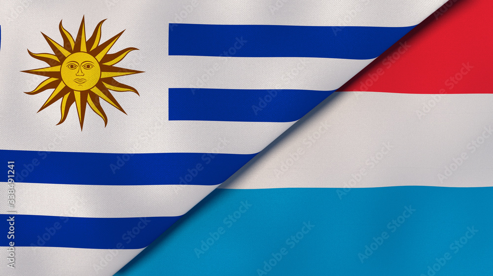Fototapeta premium The flags of Uruguay and Luxembourg. News, reportage, business background. 3d illustration