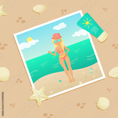 Photo on the sand with the image of a girl on vacation. Young girl in a swimsuit, glasses and hat on the beach.  The landscape consists of the sea, sun, clouds, and a sandy beach. Vector illustration.