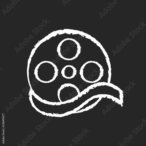 Documentary film chalk white icon on black background. Common movie genre, film category. historical biopic. Biographical, non fictional story. Camera reel isolated vector chalkboard illustration