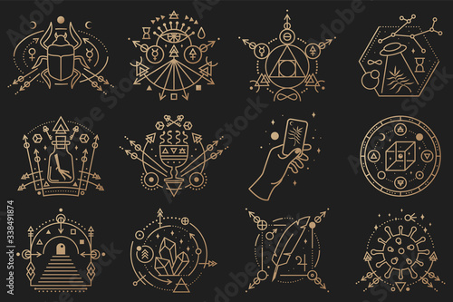 Esoteric symbols. Vector Thin line geometric badge Outline icon for alchemy, tarot cards, sacred geometry. Mystic, magic design with scarab beetlee, coronavirus, cube, ufo flying, stars, skull, moon.