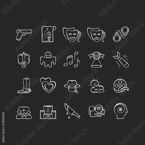 Movie genres chalk white icons set on black background. Cinematography, filmmaking industry, cinema business. Different common film and tv show styles. Isolated vector chalkboard illustrations